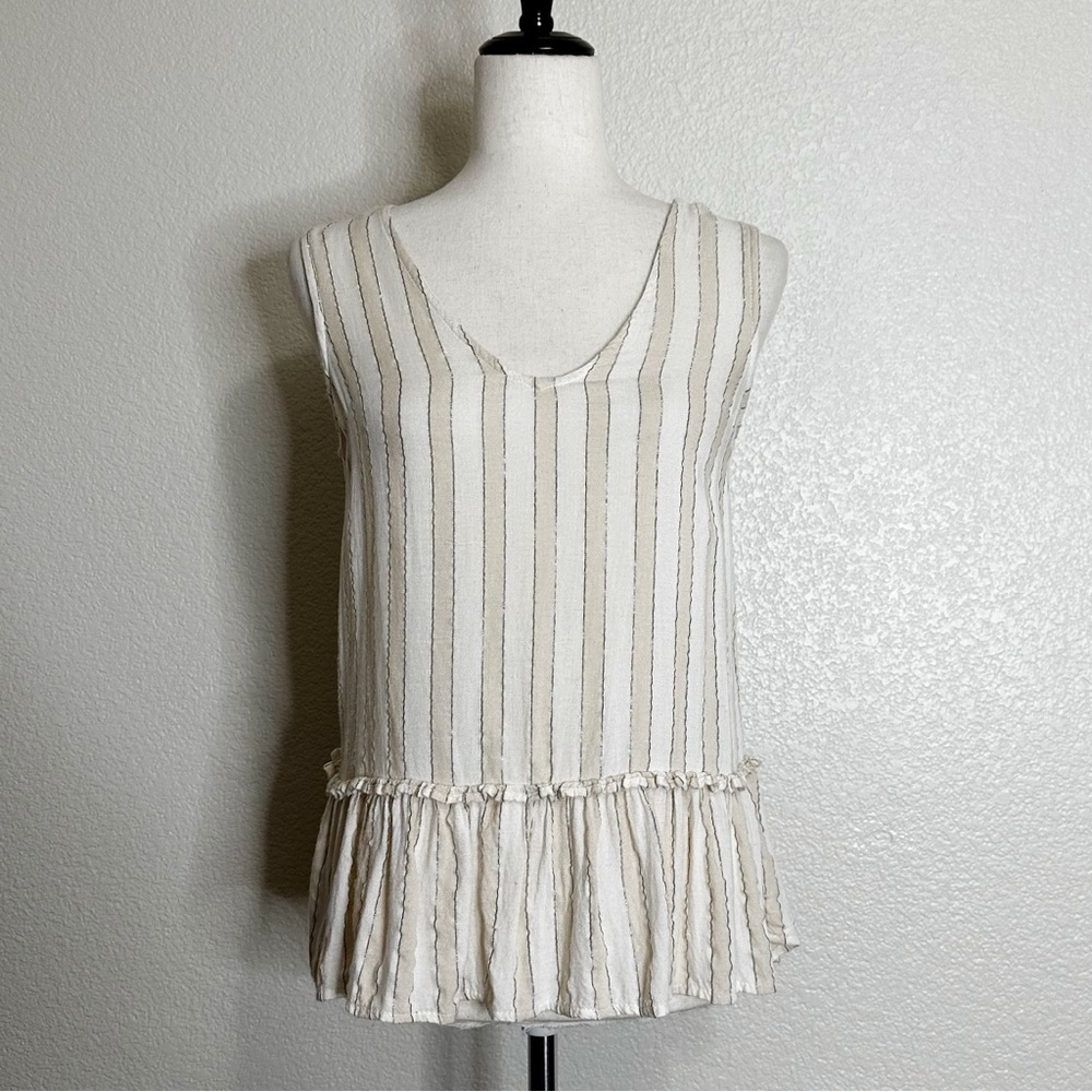 Japna Cream Tan Silver Metallic Striped Ruffle Hem Tank Top, Sz Small